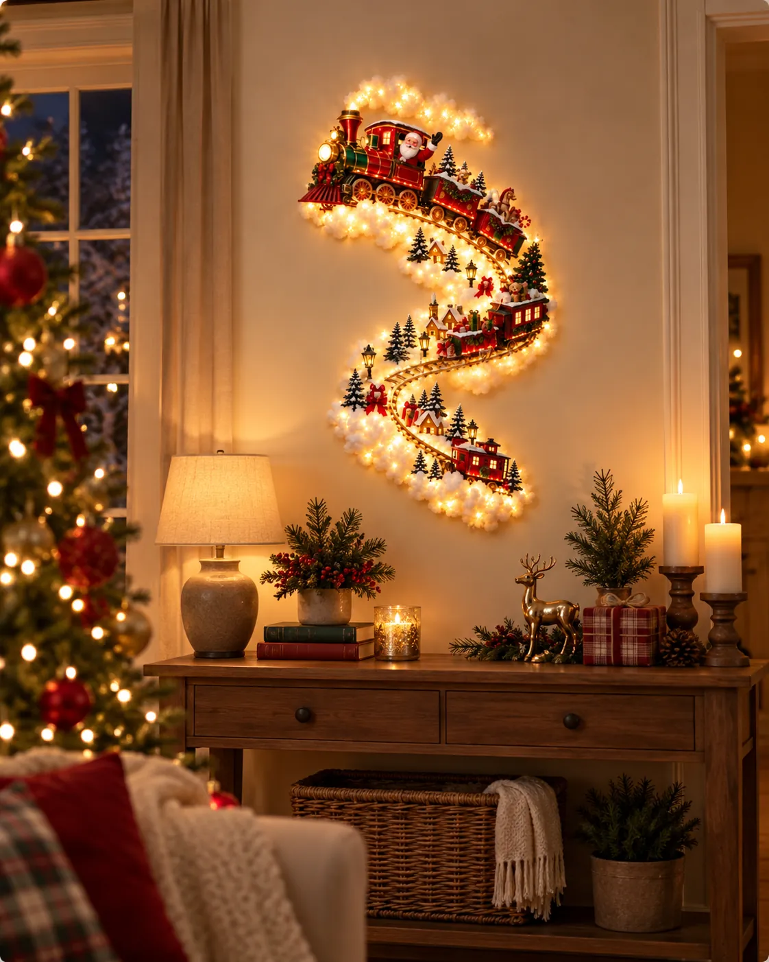 Santa Train Light glowing on a living-room wall above a console table