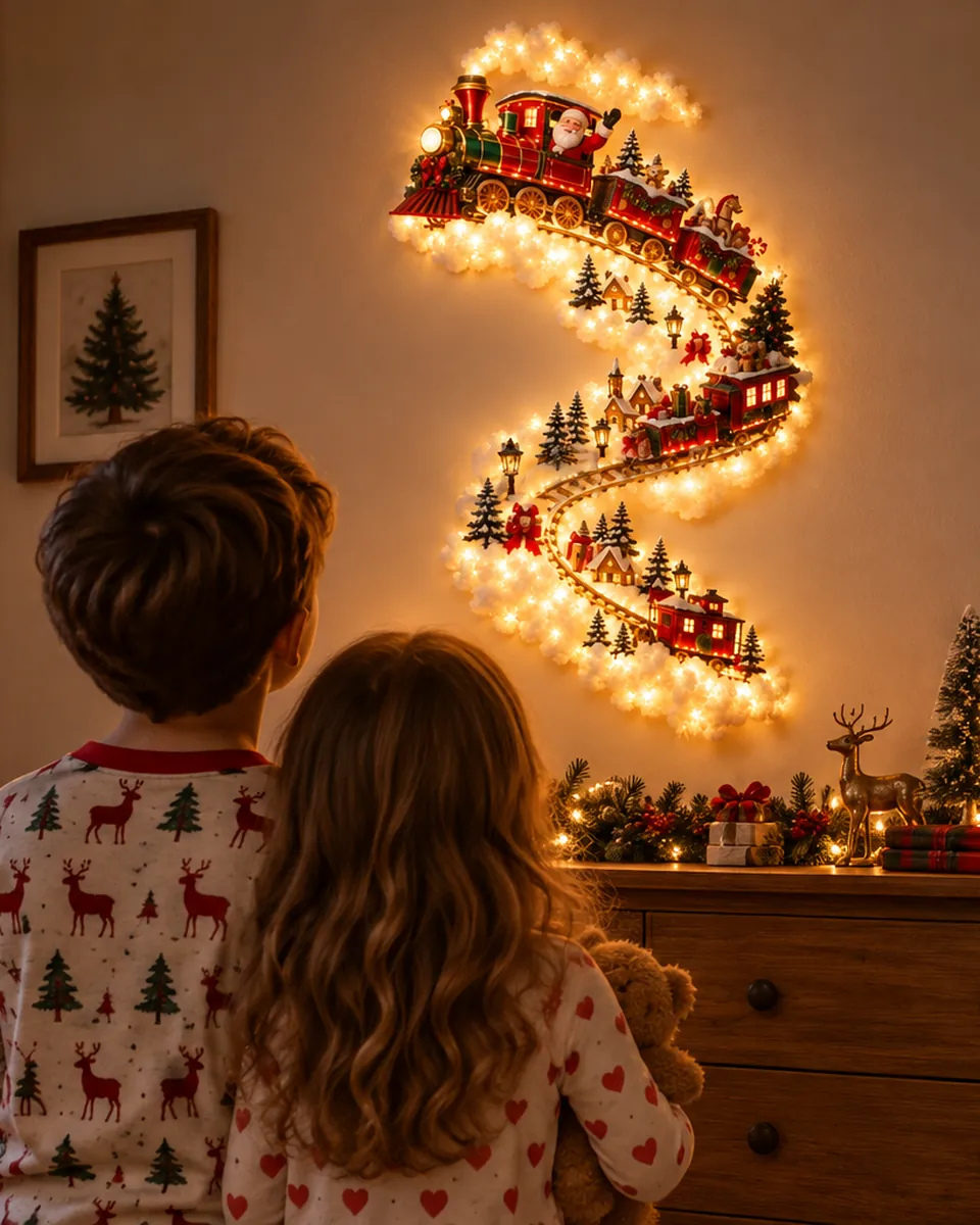 Two children in pajamas looking up at the glowing Santa Train Light